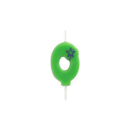 A PAPSTAR GmbH 6,8 cm-es mini számgyertyája nulla alakú, a tetején két lila csillaggal díszített, ideális születésnapi dekorációhoz, és egyszerű fehér háttér előtt van ábrázolva.