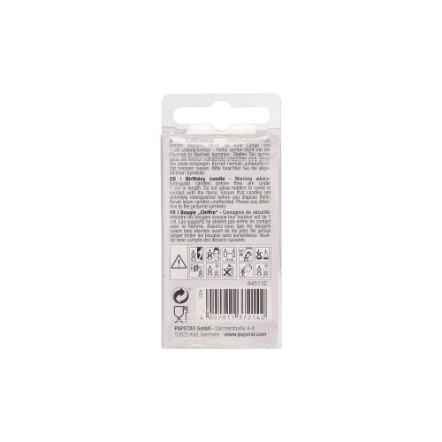 A PAPSTAR GmbH 6,8 cm-es mini számgyertyájának hátoldala átlátszó műanyag csomagolást mutat szöveggel, biztonsági szimbólumokkal, vonalkóddal és többnyelvű útmutatóval – ideális születésnapi dekorációhoz.