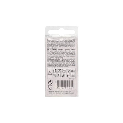 A PAPSTAR GmbH 6,8 cm-es mini számgyertyájának hátoldala átlátszó műanyag csomagolást mutat szöveggel, biztonsági szimbólumokkal, vonalkóddal és többnyelvű útmutatóval – ideális születésnapi dekorációhoz.