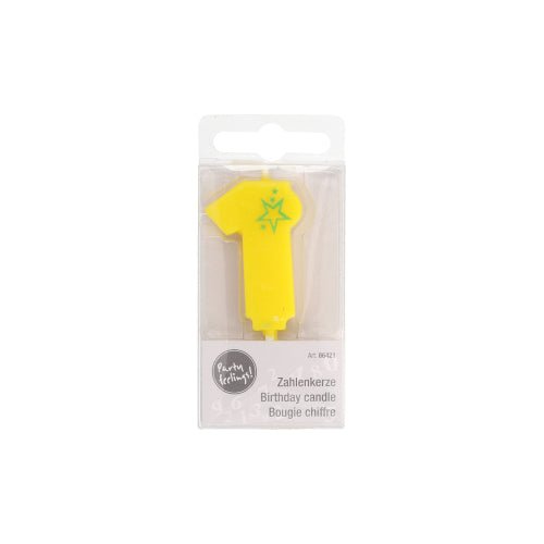 A PAPSTAR GmbH 6,8 cm-es mini számgyertyája sárga születésnapi gyertya egyes számmal és zöld csillaggal, átlátszó blisztercsomagolásban német, angol és francia felirattal – ideális stílusos születésnapi dekorációhoz.