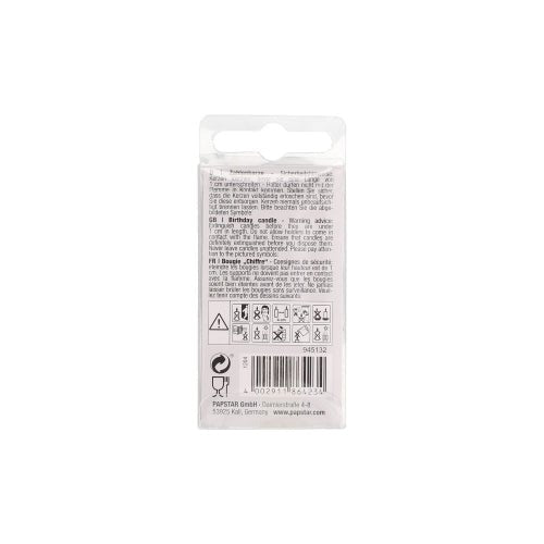 A kép a PAPSTAR 6,8 cm-es mini számgyertya hátoldalát mutatja a PAPSTAR GmbH-tól, fekete utasításokkal, figyelmeztetésekkel, szimbólumokkal, vonalkóddal és újrahasznosítási információkkal fehér csomagoláson, akasztófüllel a felső részen.