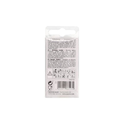 A kép a PAPSTAR 6,8 cm-es mini számgyertya hátoldalát mutatja a PAPSTAR GmbH-tól, fekete utasításokkal, figyelmeztetésekkel, szimbólumokkal, vonalkóddal és újrahasznosítási információkkal fehér csomagoláson, akasztófüllel a felső részen.