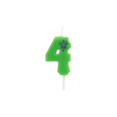 A PAPSTAR GmbH 6,8 cm-es mini számgyertyája zöld négyes számú gyertya két lila csillaggal a jobb felső sarokban, ideális bármilyen születésnapi torta díszítéséhez. Egyszerű fehér háttér előtt fényképezve.