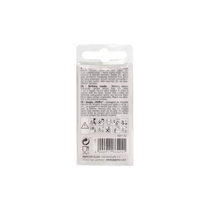 A kép a PAPSTAR Mini számgyertya 6,8 cm-es csomagolásának hátoldalát mutatja, a PAPSTAR GmbH-tól, többnyelvű termékinformációval, használati útmutatóval, figyelmeztetésekkel, biztonsági szimbólumokkal és vonalkóddal – ideális születésnapi tortadíszítéshez.