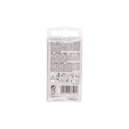 A PAPSTAR GmbH Mini számgyertyájának 6,8 cm-es hátoldalán, egy akasztófül alatt sűrűn nyomtatott többnyelvű utasítások, figyelmeztetések és óvintézkedés szimbólumok találhatók. Alkalmas számgyertyás díszítéshez.