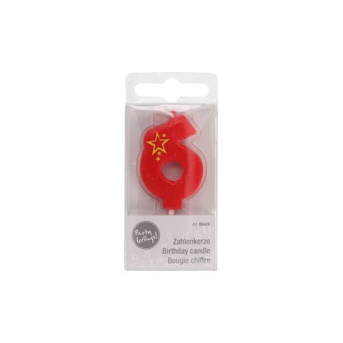 A PAPSTAR GmbH Mini számgyertyája (6,8 cm) egy piros gyertya a hatos számmal és sárga csillagokkal, ideális bármely születésnapi torta díszítésére. Átlátszó műanyag csomagolásban többnyelvű felirattal érkezik.