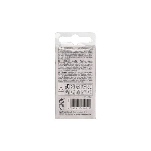 A PAPSTAR GmbH Mini számgyertyájának 6,8 cm-es hátoldala többnyelvű útmutatóval és biztonsági figyelmeztetésekkel. Fekete szöveg fehér alapon biztonsági szimbólumokkal – tökéletes születésnapi tortájához.