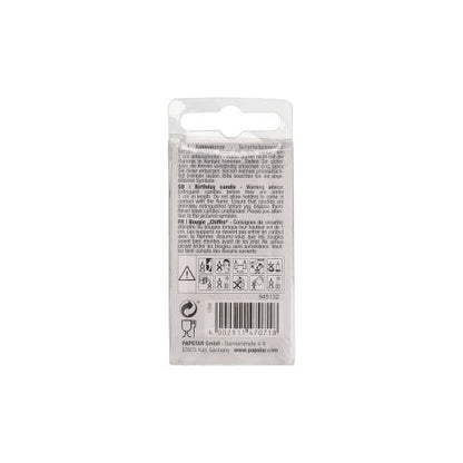 A PAPSTAR GmbH Mini számgyertyájának 6,8 cm-es hátoldala többnyelvű útmutatóval és biztonsági figyelmeztetésekkel. Fekete szöveg fehér alapon biztonsági szimbólumokkal – tökéletes születésnapi tortájához.