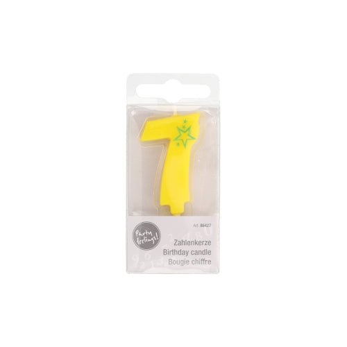 A PAPSTAR GmbH Mini számgyertyája 6,8 cm-es sárga hetes szám zöld csillaggal, ideális születésnapi torták díszítésére. Átlátszó műanyag dobozban, többnyelvű „Születésnapi gyertya” felirattal érkezik.