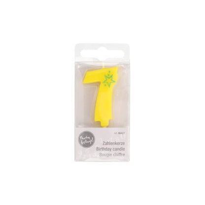 A PAPSTAR GmbH Mini számgyertyája 6,8 cm-es sárga hetes szám zöld csillaggal, ideális születésnapi torták díszítésére. Átlátszó műanyag dobozban, többnyelvű „Születésnapi gyertya” felirattal érkezik.