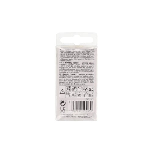 A PAPSTAR GmbH Mini számgyertyájának 6,8 cm-es hátoldala fekete többnyelvű utasításokat, figyelmeztetéseket, szimbólumokat, vonalkódot, újrahasznosítási szimbólumot és felül egy akasztófület tartalmaz.