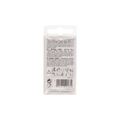 A PAPSTAR GmbH Mini számgyertyájának 6,8 cm-es hátoldala fekete többnyelvű utasításokat, figyelmeztetéseket, szimbólumokat, vonalkódot, újrahasznosítási szimbólumot és felül egy akasztófület tartalmaz.