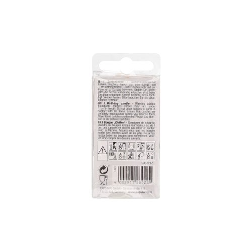 A kép a PAPSTAR GmbH Mini számgyertyájának 6,8 cm-es átlátszó műanyag csomagolásának hátoldalát mutatja, fehér címkével, amelyen szöveg, biztonsági szimbólumok, vonalkód és újrahasznosítási információk láthatók – ideális születésnapi dekorációhoz. A kis szöveg nagyrészt olvashatatlan.