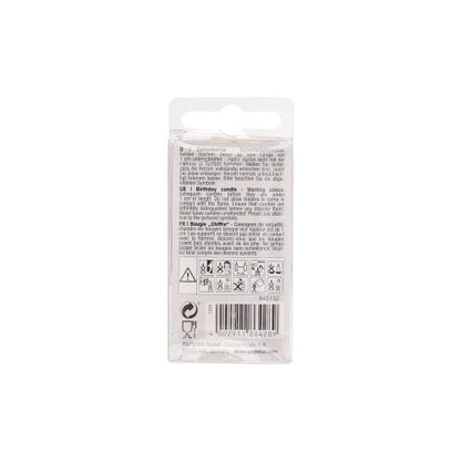 A kép a PAPSTAR GmbH Mini számgyertyájának 6,8 cm-es átlátszó műanyag csomagolásának hátoldalát mutatja, fehér címkével, amelyen szöveg, biztonsági szimbólumok, vonalkód és újrahasznosítási információk láthatók – ideális születésnapi dekorációhoz. A kis szöveg nagyrészt olvashatatlan.