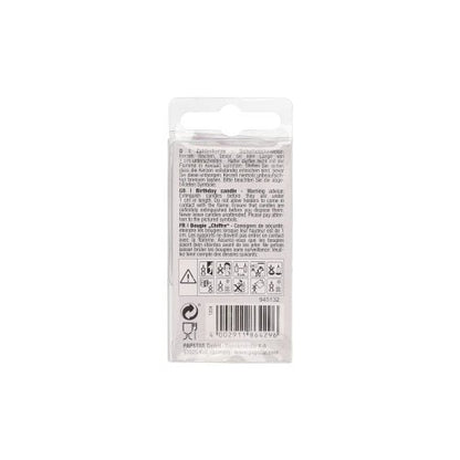 A kép a PAPSTAR Mini 6,8 cm-es számos gyertya csomagolásának hátoldalát mutatja a PAPSTAR GmbH-tól. A túlnyomórészt fehér csomagolás útmutatóval, biztonsági utasításokkal, szimbólumokkal, vonalkóddal és fekete nyomtatással van ellátva – ideális születésnapi dekorációhoz.