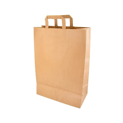 Egy PAPSTAR 50 darabos papírtáska, fogantyúval a PAPSTAR GmbH-tól, álló helyzetben fehér háttér előtt. A környezetbarát, használatlan táska lapos aljjal és két téglalap alakú fogantyúval rendelkezik.