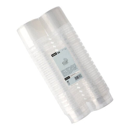 Egy csomag 36 Starpak-deli pohárból átlátszó polipropilénből (240 ml, Ø 9,5 cm, 5,6 cm) manipulációbiztos fedéllel, zsugorfóliába csomagolva és középen címkézve.