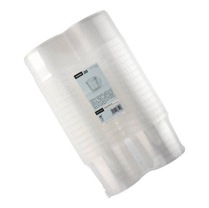 Egy csomag 30 átlátszó Starpak eldobható pohár 770 ml (Ø 11,8 cm, H 11,3 cm, PP) eredetiségzárral, zsugorfóliába csomagolva, termékinformációkkal és vonalkóddal feliratozva.