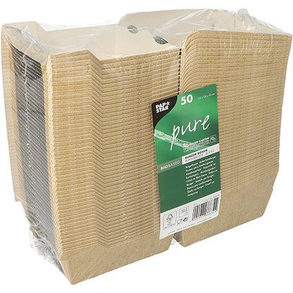 Egy 50 téglalap alakú barna PAPSTAR "pure" burgerdobozból álló halom a PAPSTAR GmbH-tól, ideális fenntartható csomagolásként, átlátszó műanyagba csomagolva zöld címkével, termék- és újrahasznosítási információkkal.