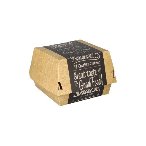 Egy zárt barna PAPSTAR 50 karton "pure" burgerdoboz "Good Food" a PAPSTAR GmbH-tól, fekete címkével "Guten Appetit! Minőségi konyha, jó íz, jó étel! Snack" felirattal, középen fehér háttér előtt.