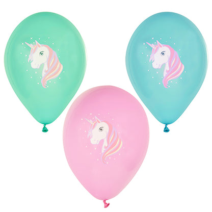 PAPSTAR 6 Luftballons farbig sortiert Ø 29 cm von PAPSTAR GmbH: Enthält grüne, blaue und rosa Luftballons, jeweils mit einem weißen Einhorn mit pastellfarbener Regenbogenmähne und weißen Sternen um den Kopf.