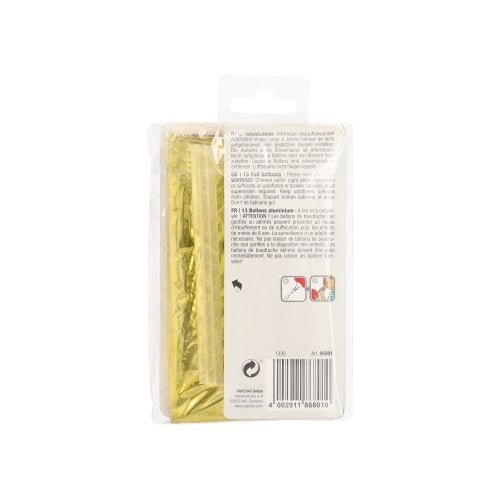 Egy átlátszó műanyag zacskóban csomagolt mentőtakaró látható aranyfóliával, amely a PAPSTAR GmbH "Happy Birthday" fólia léggömb készletének csillogására emlékeztet, a csomag hátoldalán használati utasítással és vonalkóddal.