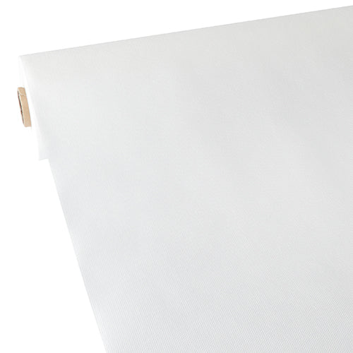 A Starpak asztalterítő, szövethez hasonló vlies „soft selection” (40 m x 1,18 m) fehér színben részben kiterítve látható sima, könnyű szerkezetével és a látható kartonmaggal.