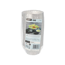 Eine Packung mit 100 Starpak Alu Schalen (rund, 0,12 l, Ø 8,5 cm · 3,9 cm) in Folie mit Etikett – ideal als umweltfreundliche Verpackung für Lebensmittel.