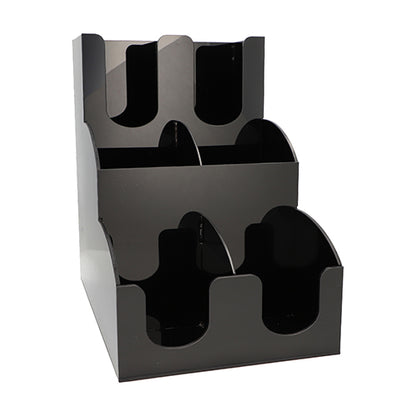 A Starpak pohár- és fedőadagoló "To Go" egy fekete, háromszintes akrilszervező hat nyitott rekesszel két oszlopban - tökéletes poharak, fedelek, brosúrák vagy prospektusok áttekinthető bemutatására és terjesztésére.