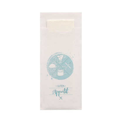 A PAPSTAR GmbH 520 evőeszköztartója (20 x 8,5 cm) hozzáillő 2-rétegű szalvétával (33 x 33 cm) érkezik. A fehér borító világoskék, kör alakú mintával van ellátva, amely ételeket és evőeszközöket ábrázol, valamint a „Jó étvágyat” feliratot, miközben a belső szalvéta részben látható.
