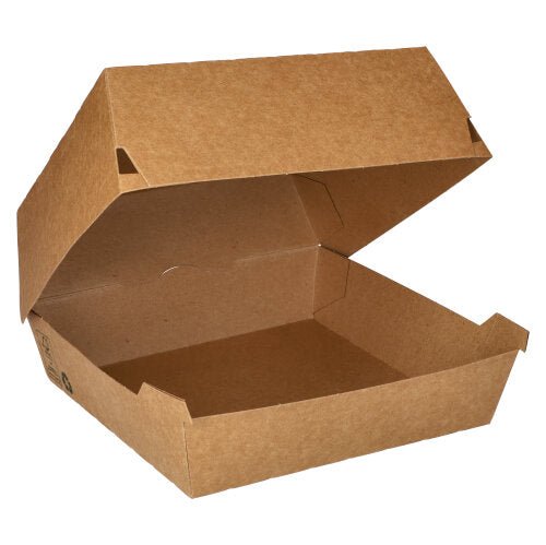 A képen látható, nyitott PAPSTAR A barna kartonból készült hamburgeres doboz (9x18,5x18,5 cm) üres, és fehérítetlen kraftpapírból készült. Csomagolási egység: 25 darab, „100% Fair”, gyártója: PAPSTAR GmbH.