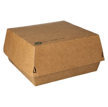 A PAPSTAR Barna kartonból készült hamburgerdobozok (9x18,5x18,5 cm), „100% Fair”, 25 darab – praktikus és környezetbarát, gyártó: PAPSTAR GmbH – fehér háttér előtt, felnyitható fedéllel, ideális elvitelre.