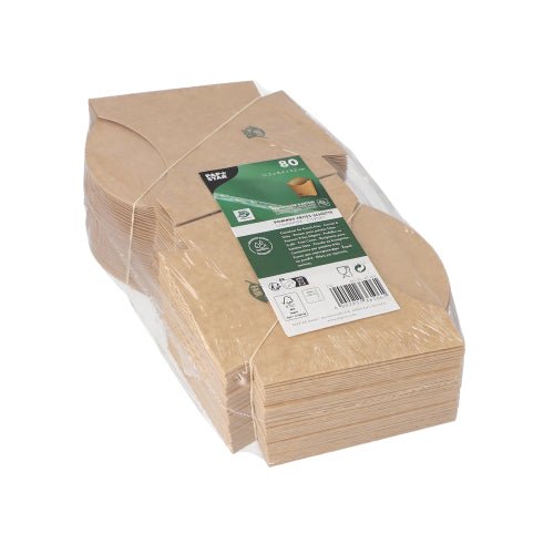 PAPSTAR sültkrumpli-tartó (80 darab), barna, 11x11,5 cm, 100% fair kartonból a PAPSTAR GmbH-tól, átlátszó fóliába csomagolva. Tartalmaz zöld-fehér címkét termékinformációkkal - ideális gyorséttermek számára.