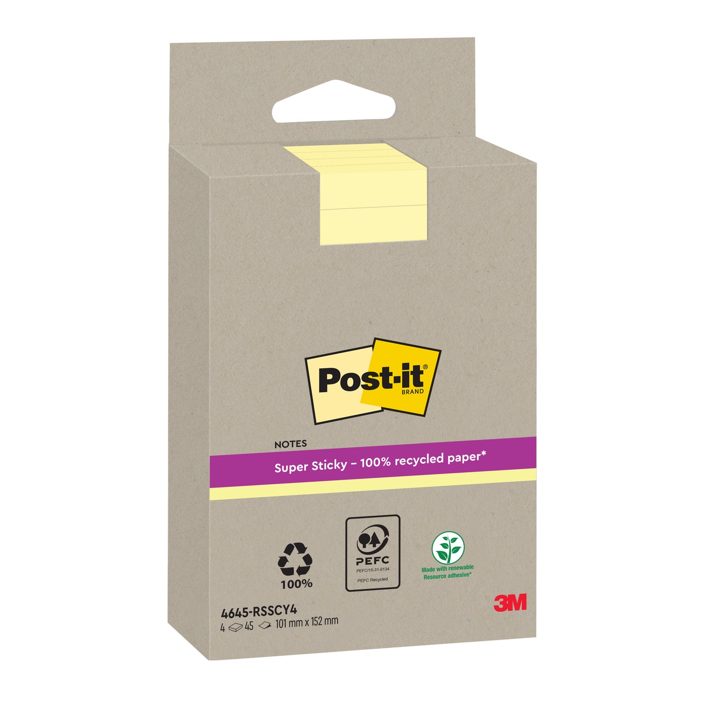 Egy sárga csomag Post-it® Super Sticky 100% újrahasznosított jegyzet (102 mm x 152 mm, vonalas, 45 lap/blokk, 4 blokk/csomag) a 3M Deutschland GmbH-tól a Post-it logóval és környezetvédelmi tanúsítványokkal, mint például a PEFC, van ábrázolva.
