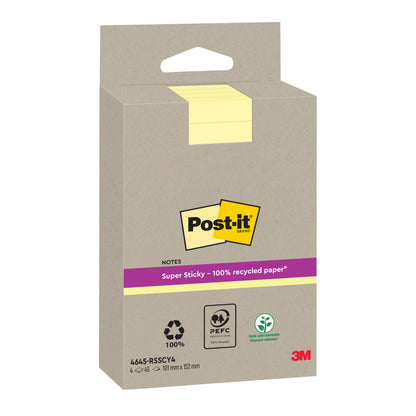 Egy sárga csomag Post-it® Super Sticky 100% újrahasznosított jegyzet (102 mm x 152 mm, vonalas, 45 lap/blokk, 4 blokk/csomag) a 3M Deutschland GmbH-tól a Post-it logóval és környezetvédelmi tanúsítványokkal, mint például a PEFC, van ábrázolva.
