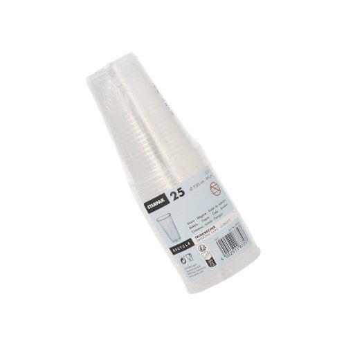 Egy 25 Starpak ivópohárból álló halom (0,2l, PP, Ø 7,03cm · 9,9cm) átlátszó műanyag csomagolásban, címkével és újrahasznosítási információval, fehér háttéren ábrázolva – ideális útközben.