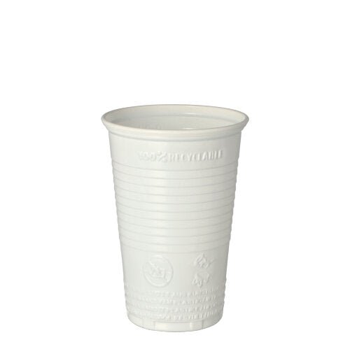 Egy Starpak 25 ivópohár (PP, 0,2l, Ø 7,03cm, 9,9cm magas) áll függőlegesen fehér alapon; az egyszerű fehér pohárnak vízszintes bordái és gravírozott szöveg-/újrahasznosítási szimbólumai vannak – ideális útközben.