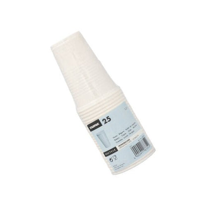 Egy csomag 25 Starpak ivópohár (PP, 0,2 l, Ø 7,03 cm x 9,9 cm) átlátszó műanyagból, kék-fehér címkével és vonalkóddal, ideális útközben, egyszerű fehér háttérrel van ábrázolva.