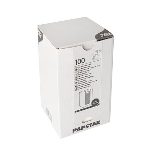 Egy fehér, téglalap alakú dobozban, rajta a felirat „PAPSTAR”, található 100 darab 2 rétegű „PUNTO” szalvéta (20x20 cm, 1/4 hajtás) a PAPSTAR GmbH-tól, oldalán nyomtatott termékinformációkkal és egy szalvétaképpel, fehér háttér előtt fényképezve.