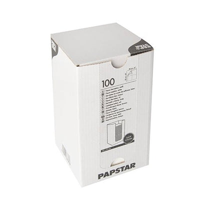 Egy fehér, téglalap alakú dobozban, rajta a felirat „PAPSTAR”, található 100 darab 2 rétegű „PUNTO” szalvéta (20x20 cm, 1/4 hajtás) a PAPSTAR GmbH-tól, oldalán nyomtatott termékinformációkkal és egy szalvétaképpel, fehér háttér előtt fényképezve.