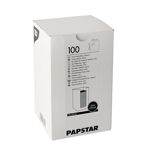 Egy fehér doboz, rajta a felirat „PAPSTAR 100 szalvéta, 2 rétegű „PUNTO” 1/4-hajtású 20 cm x 20 cm” a PAPSTAR GmbH-tól, tartalmaz papírszalvétákat termékinformációkkal, egy PUNTO-design logóval és egy a dobozra nyomtatott nyitási diagrammal.