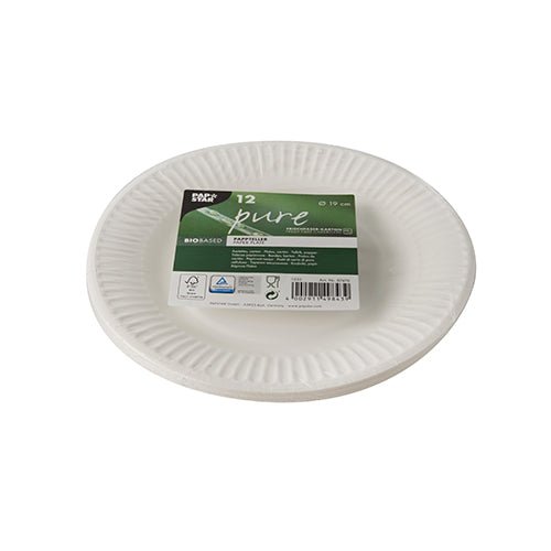 Egy csomag 12 kerek fehér PAPSTAR "pure" tányér a PAPSTAR GmbH-tól újrahasznosított kartonból, texturált széllel. Ezek a környezetbarát, biológiai alapú és komposztálható tányérok viselik a zöld "pure" címkét.