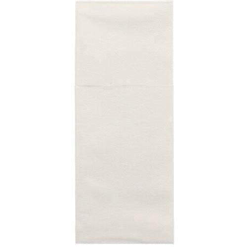 Egy Starpak 100 evőeszköztartó Airlaid szalvéta (40x48 cm, evőeszköz hajtással) kiterítve van bemutatva fehér háttér előtt, és egy hajtásvonalat mutat – ideális asztaldekorációhoz vagy stílusos evőeszköztartóként.