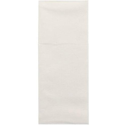 Egy Starpak 100 evőeszköztartó Airlaid szalvéta (40x48 cm, evőeszköz hajtással) kiterítve van bemutatva fehér háttér előtt, és egy hajtásvonalat mutat – ideális asztaldekorációhoz vagy stílusos evőeszköztartóként.