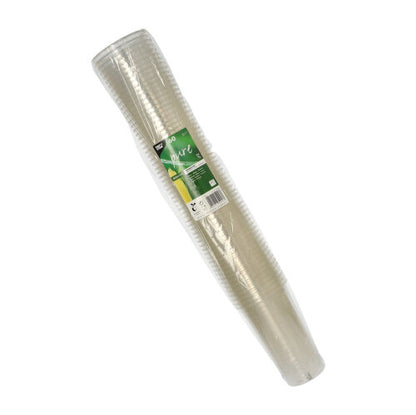 Ein 60er-Pack PAPSTAR Kaltgetränkebecher PLA "pure", glasklar (Ø 9,5 cm, 15,14 cm), von PAPSTAR GmbH, biologisch abbaubar, gestapelt und in transparenter Folie mit grün-weißem Label verpackt.