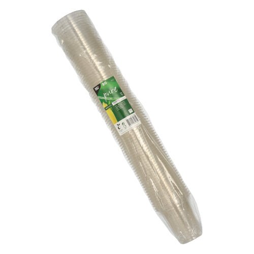 Egy halom PAPSTAR PLA "pure" hideg italos pohár (80 darab), átlátszó, Ø 9,5 cm, 9,59 cm, a PAPSTAR GmbH-tól, átlátszó műanyagba csomagolva zöld-fehér központi címkével.