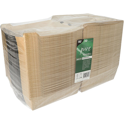 Egy 50 PAPSTAR "pure" burgerdobozból álló halom a PAPSTAR GmbH-tól, kartonból, átlátszó műanyag fóliában zöld címkével - a környezetbarát hamburgerdoboz fenntartható csomagoláshoz.