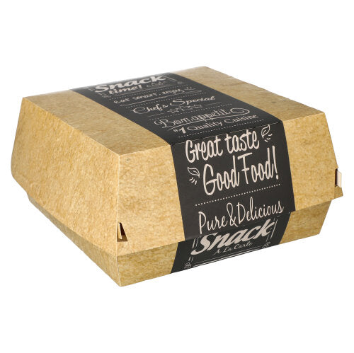 Die PAPSTAR 50 Burgerboxen, Pappe "pure" "Good Food" der PAPSTAR GmbH ist eine geschlossene, umweltfreundliche Hamburgerbox mit brauner Umhüllung und weißer Schrift: "Great taste, Good Food! Pure & Delicious, Snack La Carte", auf weißem Hintergrund.