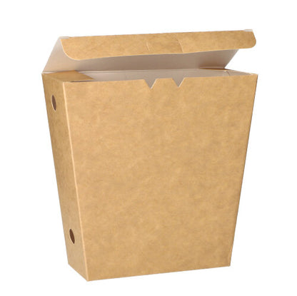 Eine PAPSTAR Pommes-Frites-Schütte "pure" in braun mit Klappdeckel, aus umweltfreundlichem Karton, teilgeöffnet und von vorne betrachtet vor weißem Hintergrund. Packung mit 50 Stück von PAPSTAR GmbH.