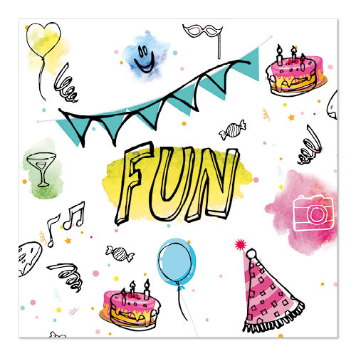 Ein farbenfrohes Design mit Kuchen, Luftballons, Wimpeln, Süßigkeiten und "FUN" in Gelb - plus Kamera, Musiknoten, Maske und Konfetti. Perfekt für PAPSTAR 20 Servietten 33x33cm 3-lagig Set 4 von PAPSTAR GmbH.
